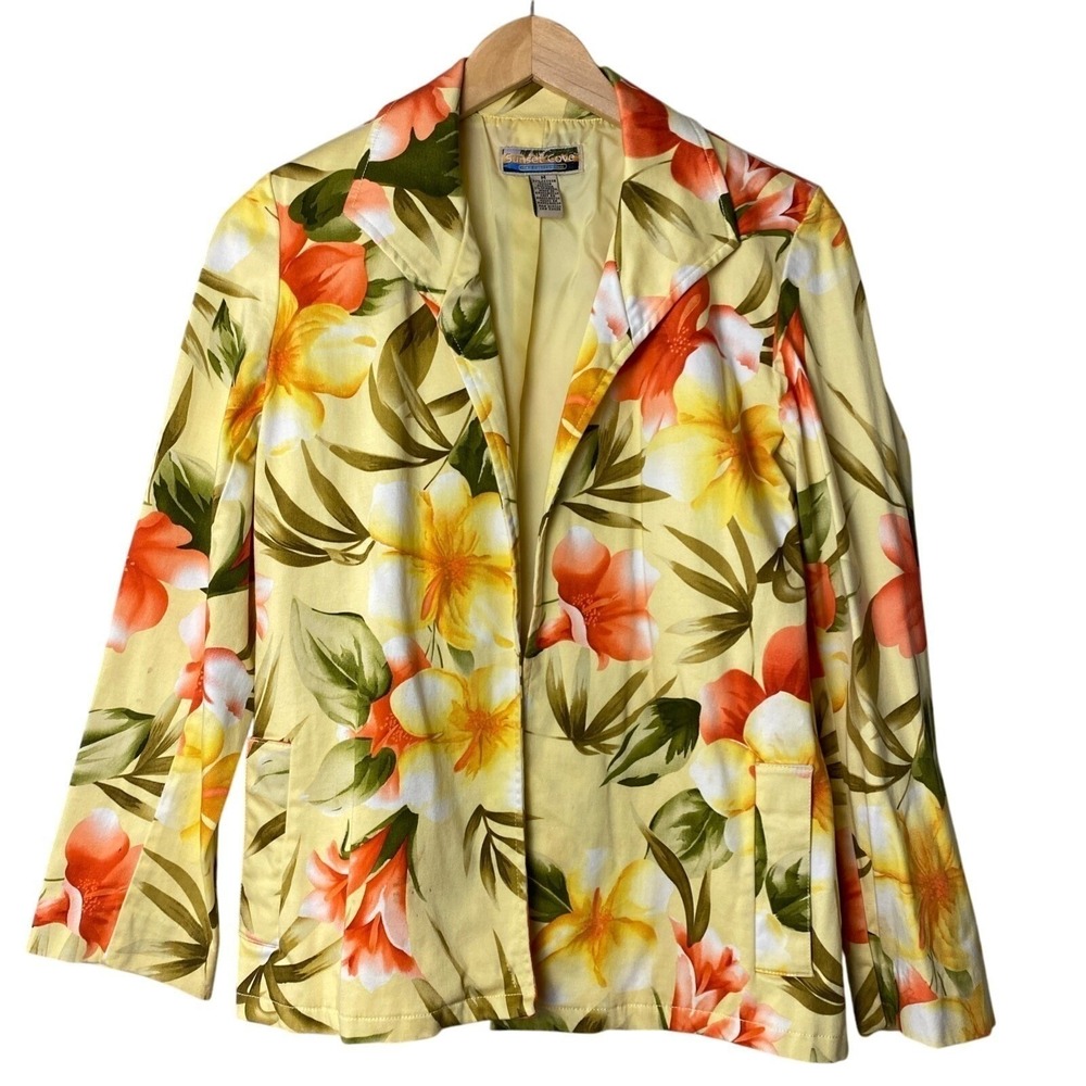 Sunset Cove Floral Blazer Women Size M Yellow Tropical Cotton Stretch Jacket VTG